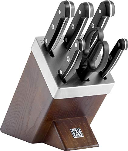 ZWILLING Gourmet Selbstschärfender Messerblock, 7-teilig, Messerset und Schere aus rostfreiem Spezialstahl/Kunststoff-Griff, Holzblock Esche, Braun [Made in Germany] von ZWILLING