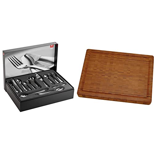 ZWILLING Besteck-Set, 68-tlg., Für 12 Personen, 18/10 Edelstahl/Hochwertiger Klingenstahl, Poliert, Nottingham & 30772100 Schneidbrett, Bambus, mittel 36 X 25.5 X 3 cm von Zwilling