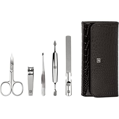 ZWILLING Maniküreset (5 Teilig, für Pflege der Finger- und Fußnägel, Echt Leder Etui), Rostfreier Edelstahl Poliert, Kroko Edition, Schwarz von ZWILLING