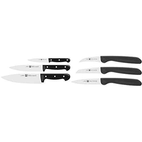 Zwilling Messer-Set, 3-tlg, Spick-/Garniermesser, Kochmesser, Fleischmesser, Rostfreier Spezialstahl/Kunststoff-Griff, Twin Chef & 38115001 Gemüsemesser-Set, 3 tlg, Kunststoff, schwarz von Zwilling