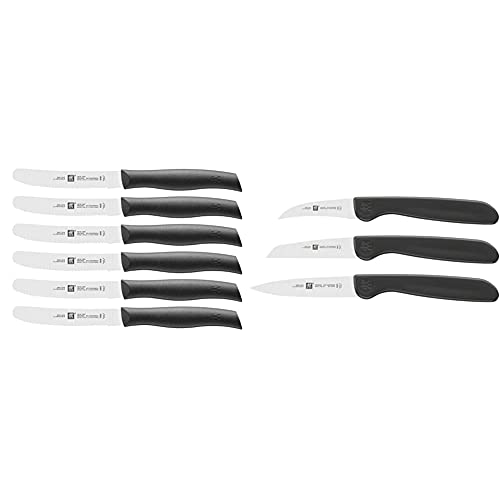 Zwilling Messer-Set, 6-tlg, Frühstücksmesser, Klingenlänge: 12 cm, Rostfreier Spezialstahl/Kunststoff-Griff, Twin Grip & 38115001 Gemüsemesser-Set, 3 tlg, Kunststoff, schwarz von Zwilling