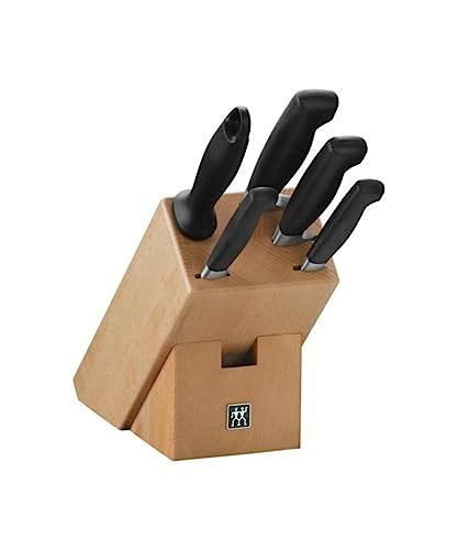 ZWILLING Vier Sterne Messerblock, 6-teilig, Holzblock Buche, Messer und Wetzstab, Rostfreier Spezialstahl/Ergonomischer Kunststoff-Griff, Schwarz [Made in Germany] von ZWILLING