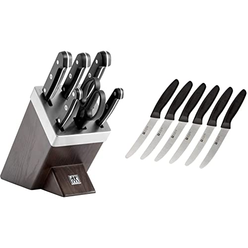 ZWILLING Selbstschärfender Messerblock, 7-tlg, Gourmet & 1002672 Messer-Set, 6-tlg, Küchenmesser, Klingenlänge: 12 cm, Rostfreier Spezialstahl/Kunststoff-Griff, Twin Grip, Schwarz von Zwilling