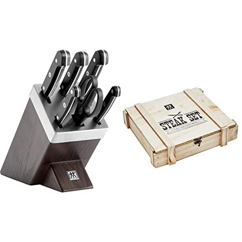 ZWILLING Selbstschärfender Messerblock, 7-tlg, Holzblock, Gourmet & 07150-359-0 Steak Besteckset in rustikaler Holzbox, Edelstahl, 12-teilig von Zwilling