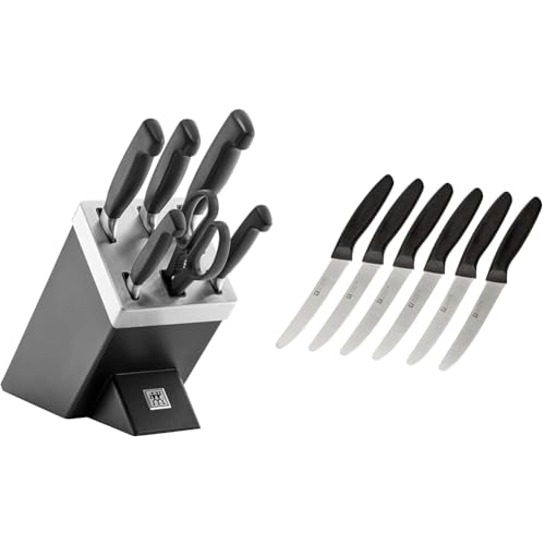 ZWILLING Vier Sterne Selbstschärfender Messerblock, 7-teilig & Twin Grip Messer-Set, 6-teilig, Küchenmesser, Klingenlänge: 12 cm, Rostfreier Spezialstahl/Kunststoff-Griff, Schwarz von Zwilling