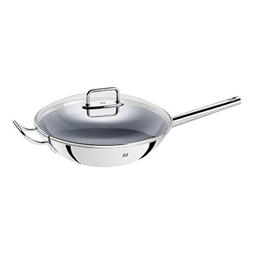 ZWILLING Plus Wok, Antihaftbeschichtung, Inkl. Glasdeckel und herausnehmbaren Gittereinsatz, Mit langem Griff und Gegengriff, Induktionsgeeignet, Ø 32 cm, Edelstahl, Silber von ZWILLING