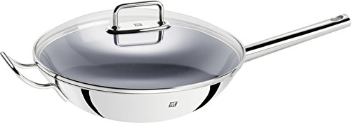 ZWILLING Plus Wok, Antihaftbeschichtung, Inkl. Glasdeckel und herausnehmbaren Gittereinsatz, Mit langem Griff und Gegengriff, Induktionsgeeignet, Ø 32 cm, Edelstahl, Silber von ZWILLING