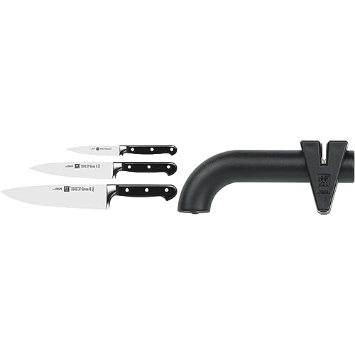 Zwilling Professional S Messer-Set, 3-teilig, Rostfreier Spezialstahl/Kunststoff-Griff mit Nieten, Schwarz & Twinsharp Messerschärfer für Grob- und Feinschliff von Zwilling