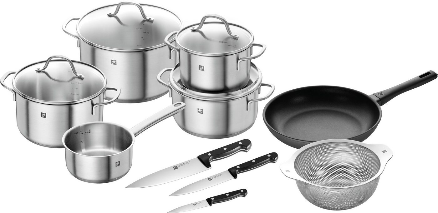 Zwilling Topf-Set Flow/Shine/Table/Twin Chef 2, Edelstahl (Set, 10-tlg., Stieltopf 16, Bratentopf 20, Kochtopf 16/20/24, Bratpfanne 28 cm), Induktion, inkl. Pfanne 28 cm, 3-in1-Sieb, 3-teiligem Kochmesser-Set von Zwilling