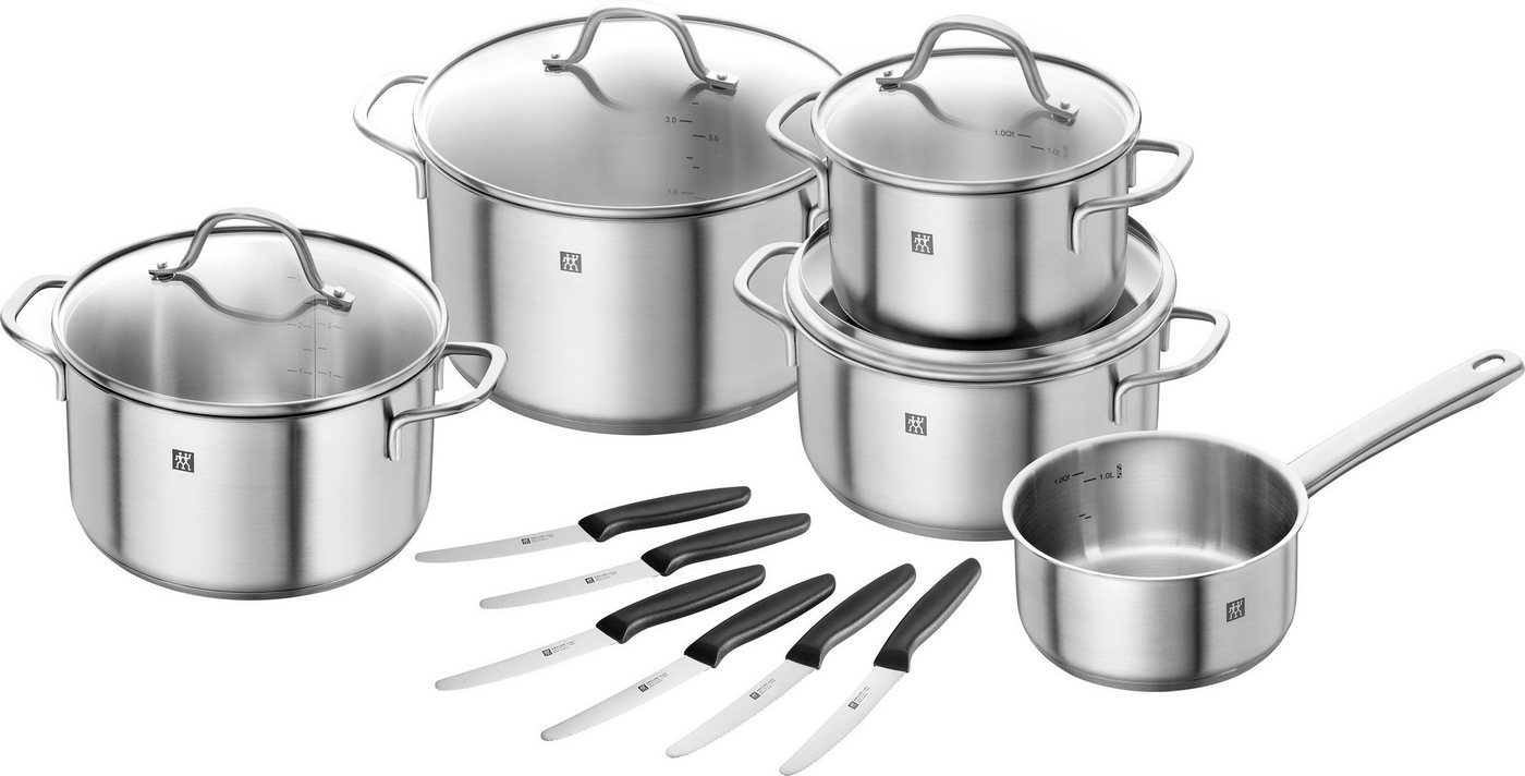 Zwilling Topf-Set Flow/Twin Grip, Edelstahl (Set, 9-tlg., 1x Stieltopf 16 cm, 1x Bratentopf 20 cm, je 1 Kochtopf 16/20/24 cm), Induktion, inkl. 6-teiligem Messer-Set von Zwilling