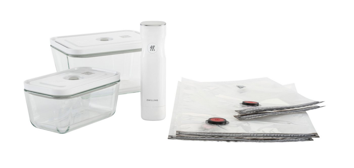 Zwilling Vakuumbehälter Fresh & Save, Glas, Kunststoff, Silikon, (Set, 7-tlg., Vakuumpumpe inkl. 2 Vakuumboxen & 4 Vakuumbeutel), Vakuum Starter-Set, Glas/Kunststoff, Spülmaschinengeeignet, Grey Line von Zwilling