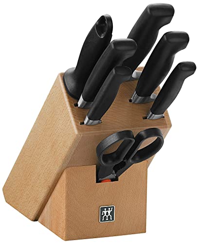 ZWILLING Vier Sterne Messerblock, 8-teilig, Holzblock, Messer, Wetzstab und Schere, Rostfreier Spezialstahl, Ergonomischer Kunststoff-Griff, Schwarz [Made in Germany] von ZWILLING