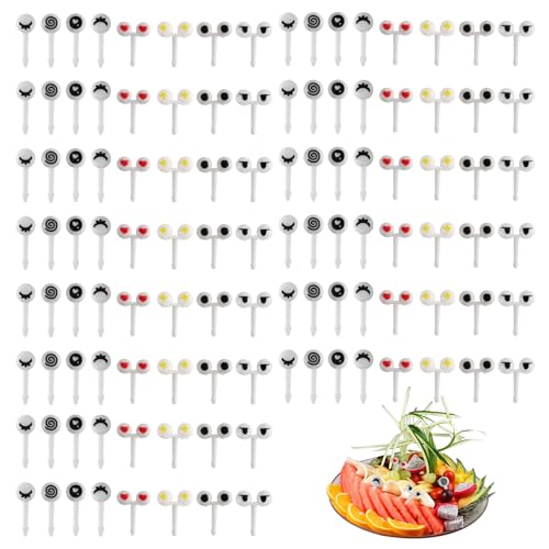 200 Stück Obstgabeln Kinder, Mini Augen Obst Gabels, Obst Piekser Kinder, Cartoon Süße Obstgabeln aus Kunststoff Wiederverwendbar, Mini Eyes Fruit Forks für Kuchen Dessert Fruchtgabeln Zahnstocher von Zxglxinyao