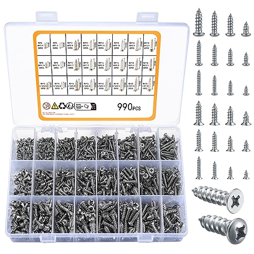 990-teiliges selbstschneidendes Schrauben-Sortiment-Set, M3/M4/M5/M6 Edelstahl-Blechschrauben, Kreuzschlitz-HolzschraubenSet für Deck-Trockenbau-Betonschrauben -500 Stück Flachkopf, 490 Stück Rundkopf von Zxglxinyao