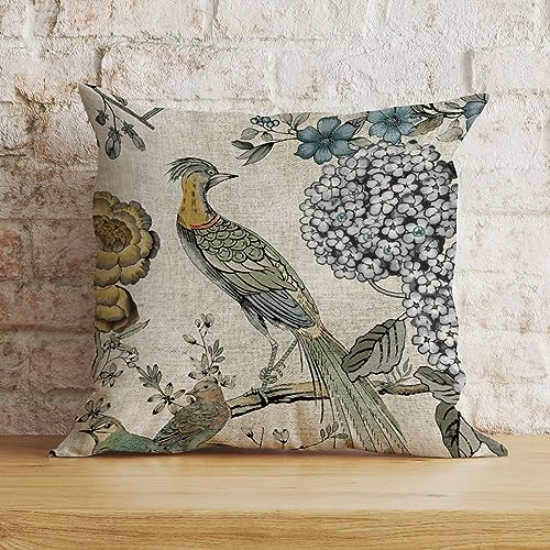 Zyadsinoudor Asiatischer Stil Kissenbezug Gelb Grau Chinoiserie Vogel Kissenbezug Traditionell Chinesisch 61 x 61 cm Dekoratives Kissen Home Baumwolle Leinen Akzent Wurfkissenbezug Für Sofa Couch von Zyadsinoudor
