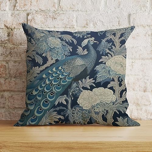 Zyadsinoudor Blauer Pfau Chinoiserie Kissenbezug asiatisch orientalisch Kissenbezug 50,8 x 50,8 cm dekoratives Kissen Home Baumwolle Leinen Kultur Kissenbezug für Couch Schlafzimmer Wohnzimmer von Zyadsinoudor