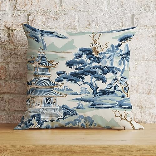 Zyadsinoudor Blauer und weißer Kissenbezug mit Chinoiserie-Pagoden-Motiv, asiatischer Stil, 61 x 61 cm, dekoratives Kissen, Heim-Baumwollleinen, Exotique-Kissenbezug für Zuhause, Sofa, Innendekoration von Zyadsinoudor