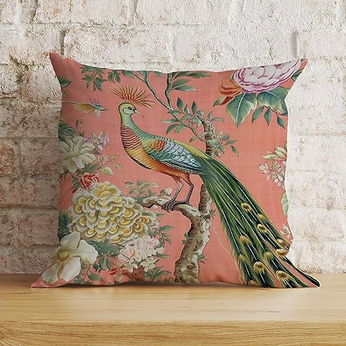 Zyadsinoudor Chinoiserie Kissenbezug Manor Blush Bird Kissenbezug Chinesischer Stil Dekoratives Kissen Home Baumwolle Leinen 45,7 x 45,7 cm Exotischer Kissenbezug für Couch Sofa Wohnzimmer Bett von Zyadsinoudor