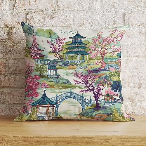 Zyadsinoudor Chinoiserie Pagode Korallenblau asiatischer Wurfkissenbezug ethnischer Stil Kissenbezug 50,8 x 50,8 cm dekoratives Kissen Zuhause Baumwolle Leinen Retro rustikaler Kissenbezug für von Zyadsinoudor