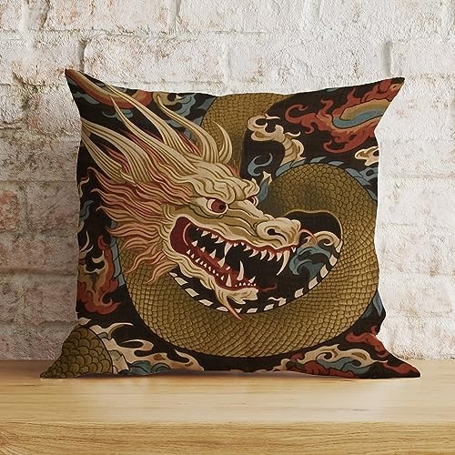 Zyadsinoudor Dragon Gold Orientalischer Stil asiatischer Kissenbezug Dynastie Kissenbezug 50,8 x 50,8 cm dekoratives Kissen Home Baumwolle Leinen traditioneller Kissenbezug für Couch Schlafzimmer Auto von Zyadsinoudor