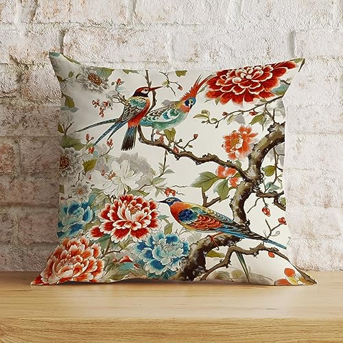 Zyadsinoudor Kissenbezug Chinoiserie Baum Pfingstrose Vogel Blumen Kissenbezüge Ethnischer Stil 50,8 x 50,8 cm dekoratives Kissen Home Baumwolle Leinen Akzent Überwurf Kissenbezug für Sofa Couch Bett von Zyadsinoudor