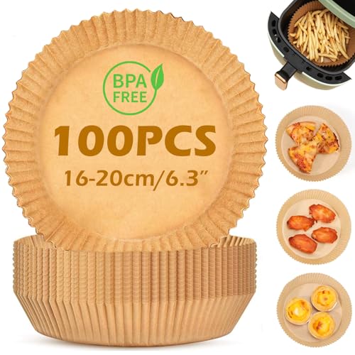 Zydiwo 100 Stück Airfryer Backpapier 16-20CM Heißluftfritteuse Backpapier 2.6-4.7 L Disposable Paper Wasserdicht Ölbeständig für Heißluftfritteuse Ofen Mikrowelle (Rund-16cm) von Zydiwo