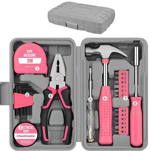 24-teiliges rosa Heimwerkerwerkzeug-Set – unverzichtbare Haushalts-Handwerkzeuge in tragbarer Aufbewahrungsbox für Zuhause, Büro und Garage, Reparaturen – Starter-Basic-Werkzeug-Set für Männer und 24-teiliges rosa Heimwerkerwerkzeug-Set – unverzichtbare Haushalts-Handwerkzeuge in tragbarer Aufbewahrungsbox für Zuhause, Büro und Garage, Reparaturen – Starter-Basic-Werkzeug-Set für Männer und von Zykphao