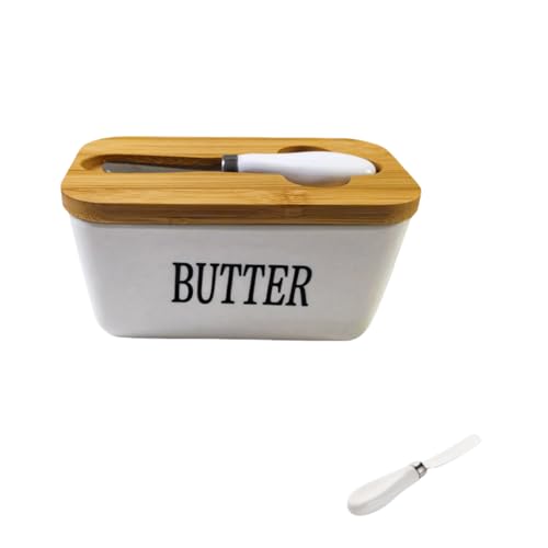 Butterdose aus Keramik mit Holzdeckel, Porzellan-Butterdose mit luftdichtem Deckel und Edelstahl-Buttermesser – Großer Butterbehälter aus Porzellan für Butter, Käse, Aufbewahrung von Zykphao