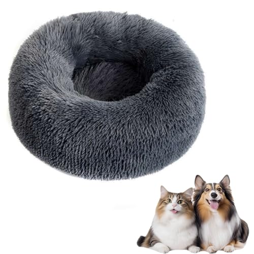 Zykphao Donut Hundebett 50 cm – flauschiges Plüsch, beruhigendes Haustierbett mit rutschfester Unterseite für Welpen und Katzen, Anti-Angst-Rund-Kuscheltier (Dunkelgrau) von Zykphao