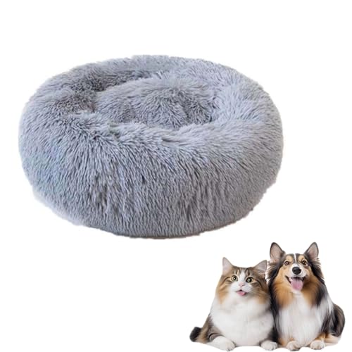 Zykphao Donut Hundebett 50 cm – flauschiges Plüsch-beruhigendes Haustierbett mit rutschfester Unterseite für Welpen und Katzen, Anti-Angst-Rund-Kuscheltier (Grau) von Zykphao