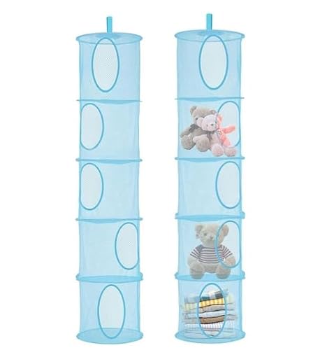 Zyluniy 2 Stück Hängender Speicherkorb, 5 Tier Faltbare Aufbewahrungsnetze, Kuscheltiere Hängeregal, Hängende Mesh Aufbewahrungsnetze, Hängeaufbewahrung Netz für Spielzeug, Kleine Kleidung (Blau) von Zyluniy