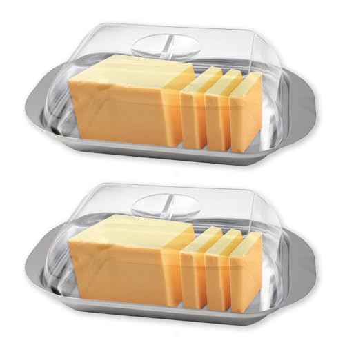 Zyluniy Butterdose Edelstahl, 2 Stück (17,8 x 11,1 x 5,5 cm) Butterschale mit Deckel, Butterdose mit Transparentem Butterglocke für Käse, Desserts, Kuchen und kleine Früchte von Zyluniy
