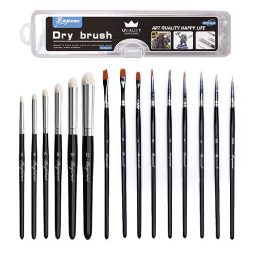 Zyluniy Dry Brush Pinsel Set 15 Stück - 6 Dry Brush und 9 Feine Detail Pinsel Set,Miniatur Drybrush Pinsel Modellbau Pinselset für Modellbau Warhammer 40k Acryl Aquarell Miniaturen (15 Stück) von Zyluniy
