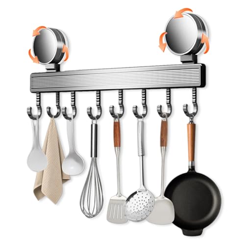 Zyluniy Hakenleiste Küche Ohne Bohren mit Saugnapf mit 8 Beweglichen Haken Küchenleiste mit Saugnapf 40 cm 20KG Tragfähigkeit Küchenhalterung Hakenleiste Selbstklebend für Küchenutensilien von Zyluniy