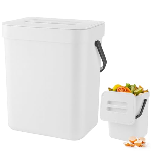 Zyluniy Komposteimer Küche 3L, Biomülleimer Küche Klein, Hängend Biomülleimer, Kleiner Mülleimer für Arbeitsplatte, Behälter mit Deckel, Komposter für Küche, Zuhause, Badezimmer, Schlafzimmer, Weiß von Zyluniy