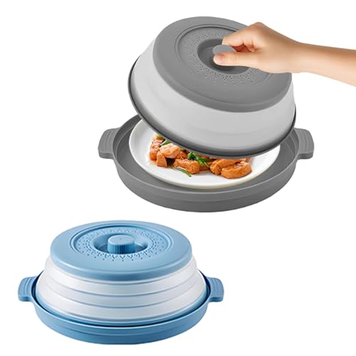 Zyluniy Mikrowellen Abdeckung, 2 Stück Faltbare Mikrowellen Abdeckung, Filterkorb mit Dampflöchern Microwellenabdeckungen für Obst und Gemüse (Grau & Blau, 26cm) von Zyluniy