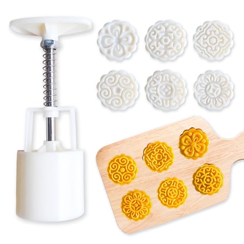 Zyluniy Mooncake Mould Press, Keksstempeln Kuchenpresse mit 6 Stempeln, Runde Blume Blumendekorationswerkzeuge für Backen DIY Cookie, Kuchen, Dessert, Keksen (Weiß) von Zyluniy