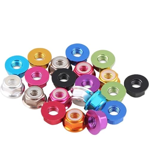 5 Stück M2 M3 M4 M5 M6 Mehrfarbige Flansch-Sicherungsmuttern aus Aluminiumlegierung, Güteklasse 4,8, Gewindesteigung 0,4–1 mm, Nylonring, selbstsichernde Schraubkappe für Vorder- und Hinterrad(Red,M3- von Zymjzbetic