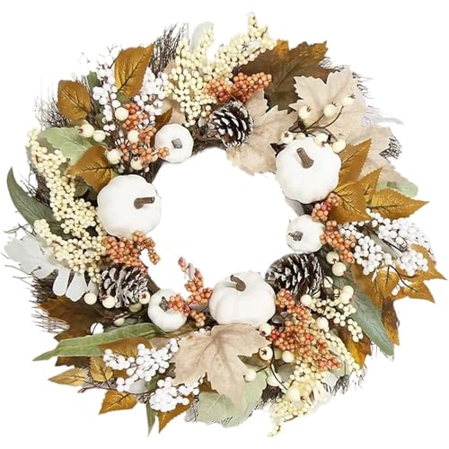 Herbst Weißer Kürbis Kranz Thanksgiving Dekoration Ahornblatt for Haustür Hängen Indoor Outdoor Wand Wohnkultur für die Haustür(A,45CM) von Zymjzbetic