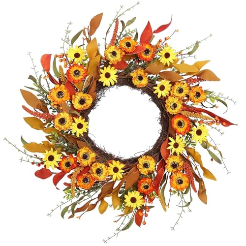 Herbstkranz for die Haustür, künstlicher orangefarbener Gänseblümchen-Herbstkranz mit bunten Wildblumen, Bauernhaus-Herbst-Türkranz für die Haustür Herbstkranz for die Haustür, künstlicher orangefarbener Gänseblümchen-Herbstkranz mit bunten Wildblumen, Bauernhaus-Herbst-Türkranz für die Haustür von Zymjzbetic