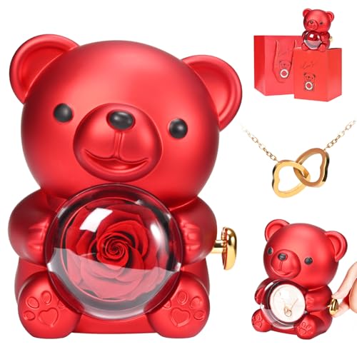 Zyncove Ewige Rose Bär Teddy Geschenkbox, Mit Graviertem Doppelherzkette Halsband Rosenbox-Echte Rose Blumen Geschenkbox für Frauen Freundin Valentinstag Hochzeiten, Jubiläen von Zyncove