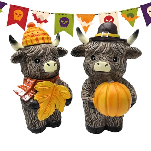 Zyntora Herbst Hochlandrind Figur | Highland Figuren Im Herbst - 2 Stücke Skulptur für Wohnzimmer Esstisch Deko Erntedankfest Herbstdekoration von Zyntora