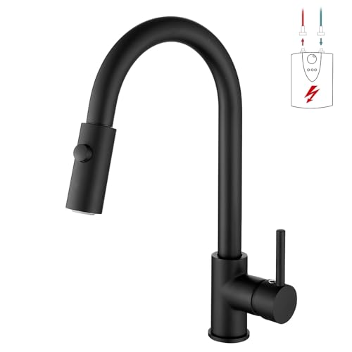 Zynuhmo Niederdruck Armatur Küche Ausziehbar Schwarz,360° Drehbare Küchenarmatur,Wasserhahn mit 3 Anschluessen für Boiler,Hoher Bogen Mischbatterie Küche mit 2 Modi Brause, Edelstahl von Zynuhmo