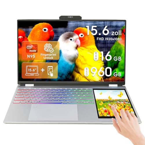 Zyphionix 15,6-Zoll-LCD-Bildschirm + 7-Zoll-Touchscreen-Laptop-Computer für Studenten und Unternehmen, 16 GB DDR4,Celeron N95,Windows 11 pro (Silber, 16GB+960G) von Zyphionix