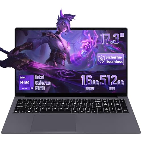 Zyphionix 17.3 Zoll Laptop 11, 16GB DDR4，512GB SSD,Win 11 Pro & Office 2024，Celeron N150，Up to 2.9 GHz(Beat N97) Notebook Computer, Fingerabdruck, Beleuchtete Tastatur, HDMI, 3× USB 3.0,Gray von Zyphionix
