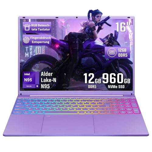 Zyphionix Laptop,16 Zoll FHD IPS Display,Celeron N95 (bis zu 3,4 GHz),12G DDR5,Tastatur mit Hintergrundbeleuchtung/Fingerabdruckerkennung/deutsche Tastaturfolie(Lila/12G+960G SSD) von Zyphionix
