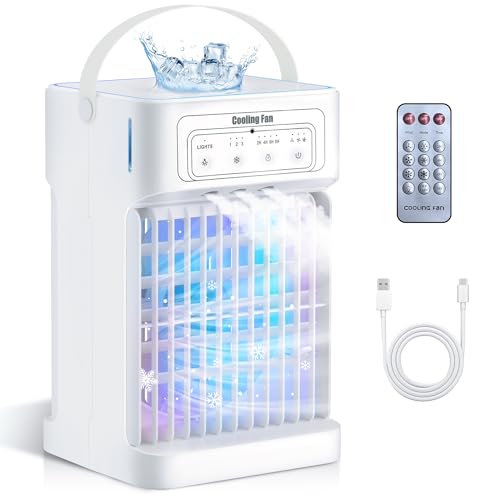 Klimaanlage Mobil, 4-in-1 Mobile Klimaanlage, Ventilator mit Wasserkühlung 1100ml Wassertank, Air Conditioner mit 3 Windgeschwindigkeiten,7 Farben Licht 3 Sprühfunktion, 2-8H Timer für Schlafzimmer von Zyphoria