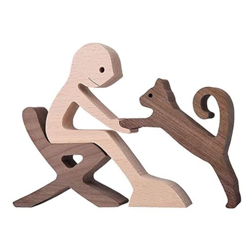Zyqixluk Statue der hölzernen Hunde Katzenfamilie, Holzhölzernschnitzereien, Holzskulpturen Tabletop Ornamente süßer Welpe, Kitty und People Statuen Skulpturen Oramentable Figur Craft Arts,A13 von Zyqixluk