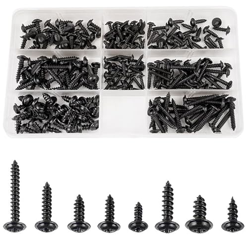 200 Stück Schwarz Kreuz Selbstschneidende Schrauben - M3/M3.5/M4/M4.8 Blechschrauben-Sortiment, Linsenkopfschrauben Holz, Holzschrauben Set, Blechschrauben Selbstschneidend mit Kunststoffbox von Zyren