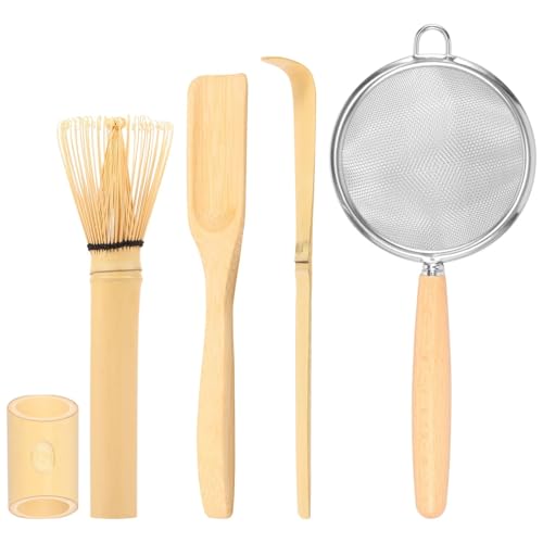 Matcha-Teeservice 4/5-teiliges Matcha-Schneebesen-Set, handgefertigt, traditionelle Teeschaufel, tiefe Schaufel, Teesieb, durchsichtiger, Aufbewahrungshalter(5Pcs) von ZythrXLate